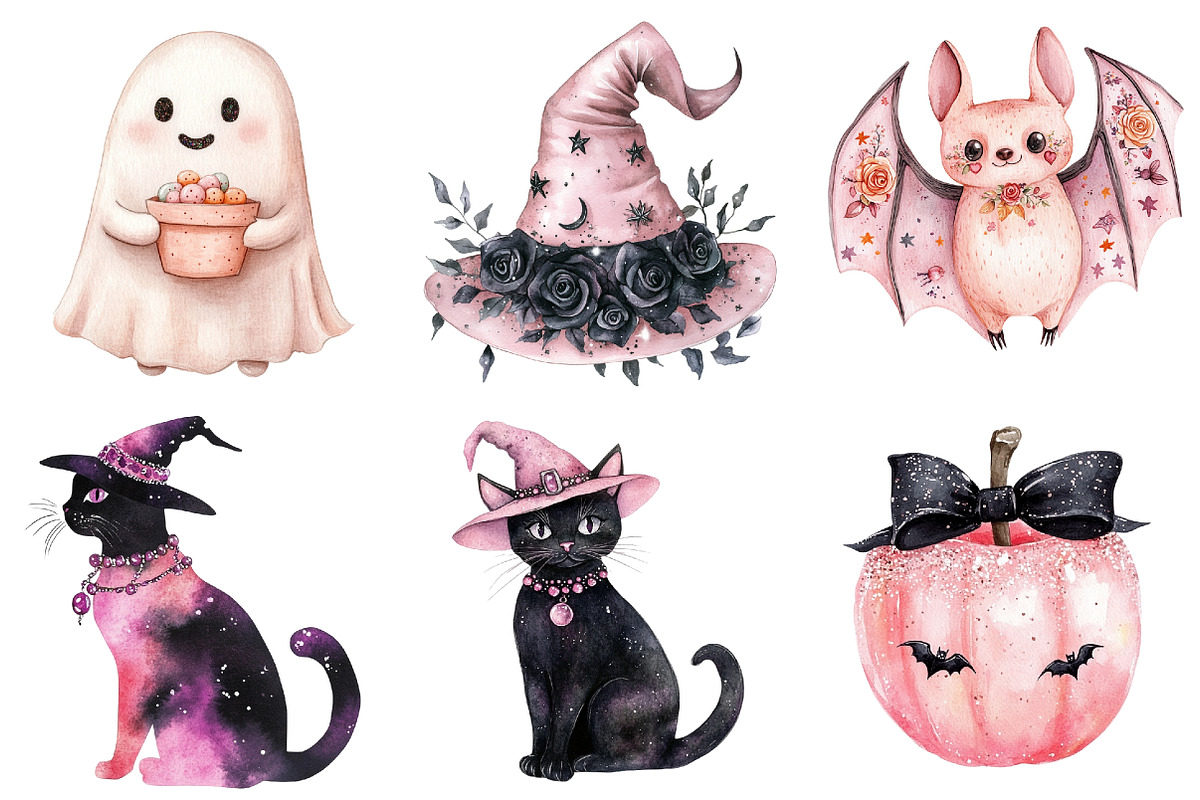 Watercolor Pink Halloween Clipart, a Seasonal Illustration by CitraGraphics (Photo 2 of 7)