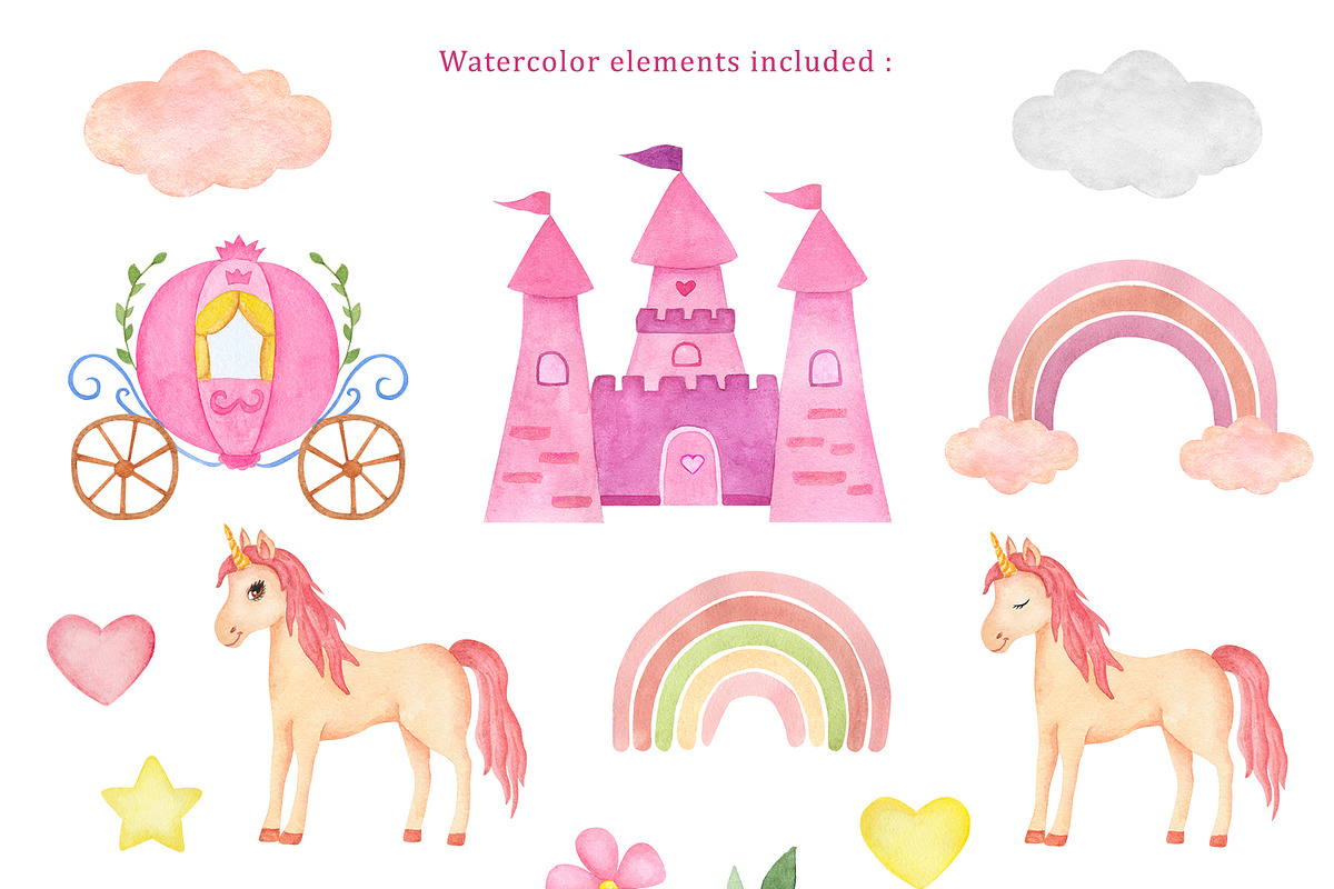 Watercolor Princess Castle Clipart, an Illustration by kate_illustration (Photo 2 of 6)