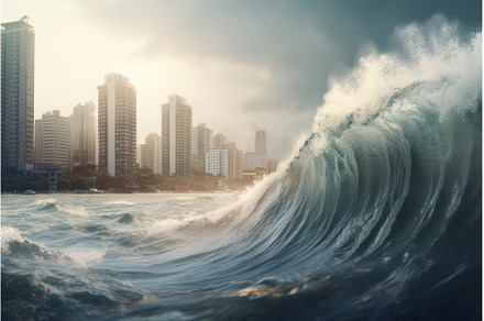 Big tsunami city wave. Generate Ai, a Nature Photo by Ylivdesign