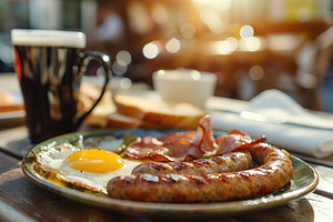 Tasty english breakfast with sausages, eggs, vegetables on the table, a Food & Drink Photo by AlyaAnd