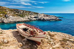 Fishing boat on cliff, Zakynthos., a Transportation Photo by Photocreo Michal Bednarek
