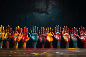 Colorful Painted Hands Raised Against Dark Background in Artistic Display, a Photo by AS photostudio