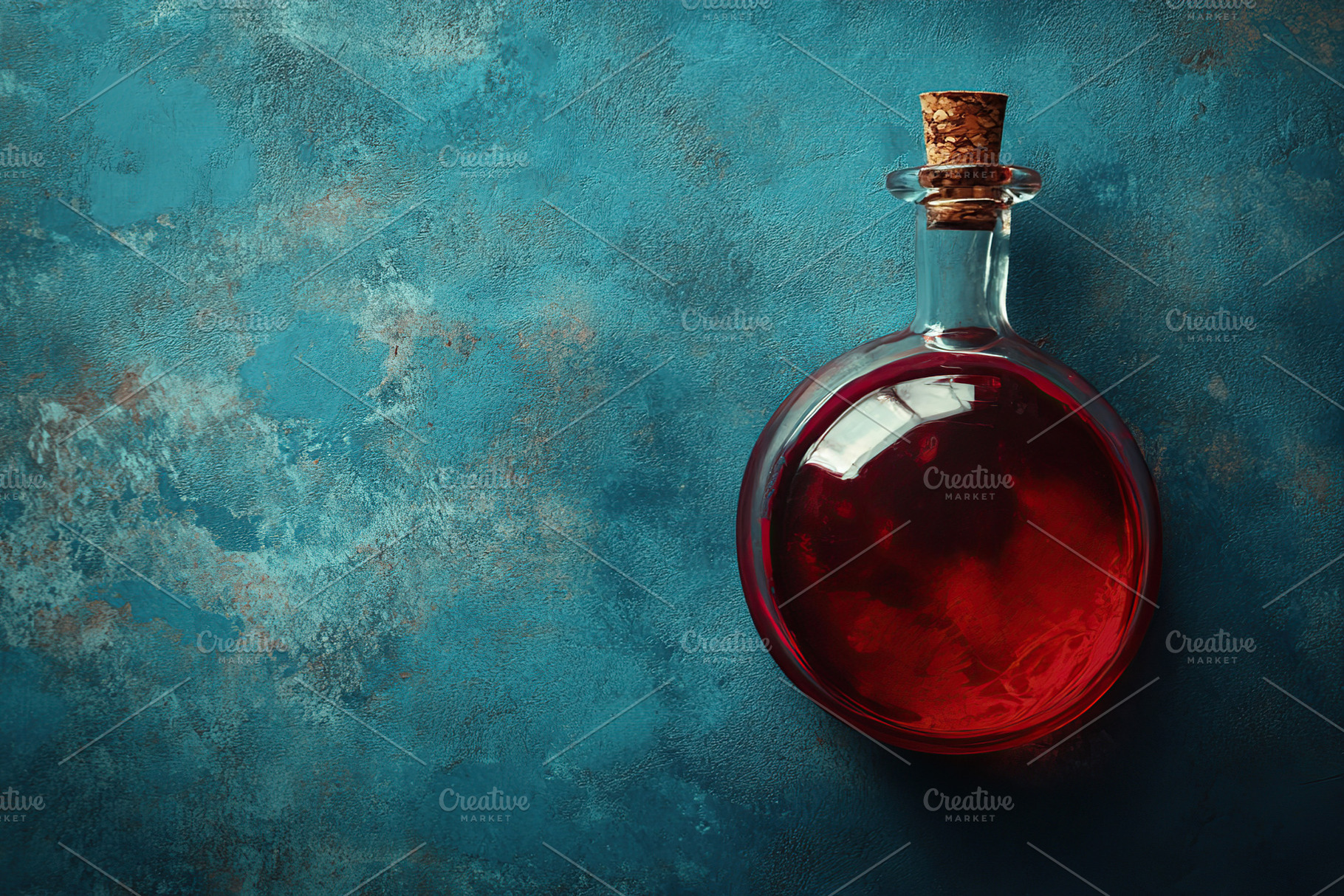 Laboratory glassware with red liquid on green color background, a Photo by AlyaAnd
