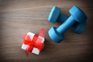 Sports session gift concept with blue dumbbells top view, a Sports & Recreation Photo by Davizro's Market