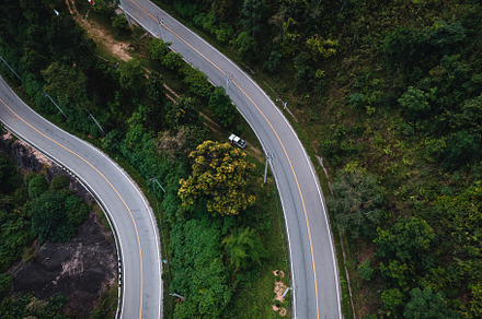 mountain road and green trees from above, a Nature Photo by Art Rachen