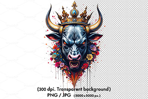 Bull with crown and vibrant flowers, an Animal Illustration by yod67