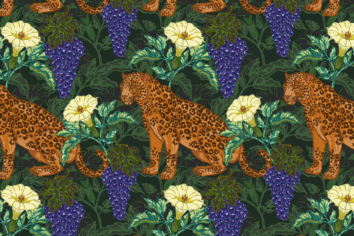 Jaguar, Datura & Grapes Pattern, a Pattern Graphic by NayaChu (Photo 6 of 12)