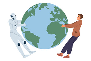 Robots and humans compete for, a Technology Illustration by Vectorbuum