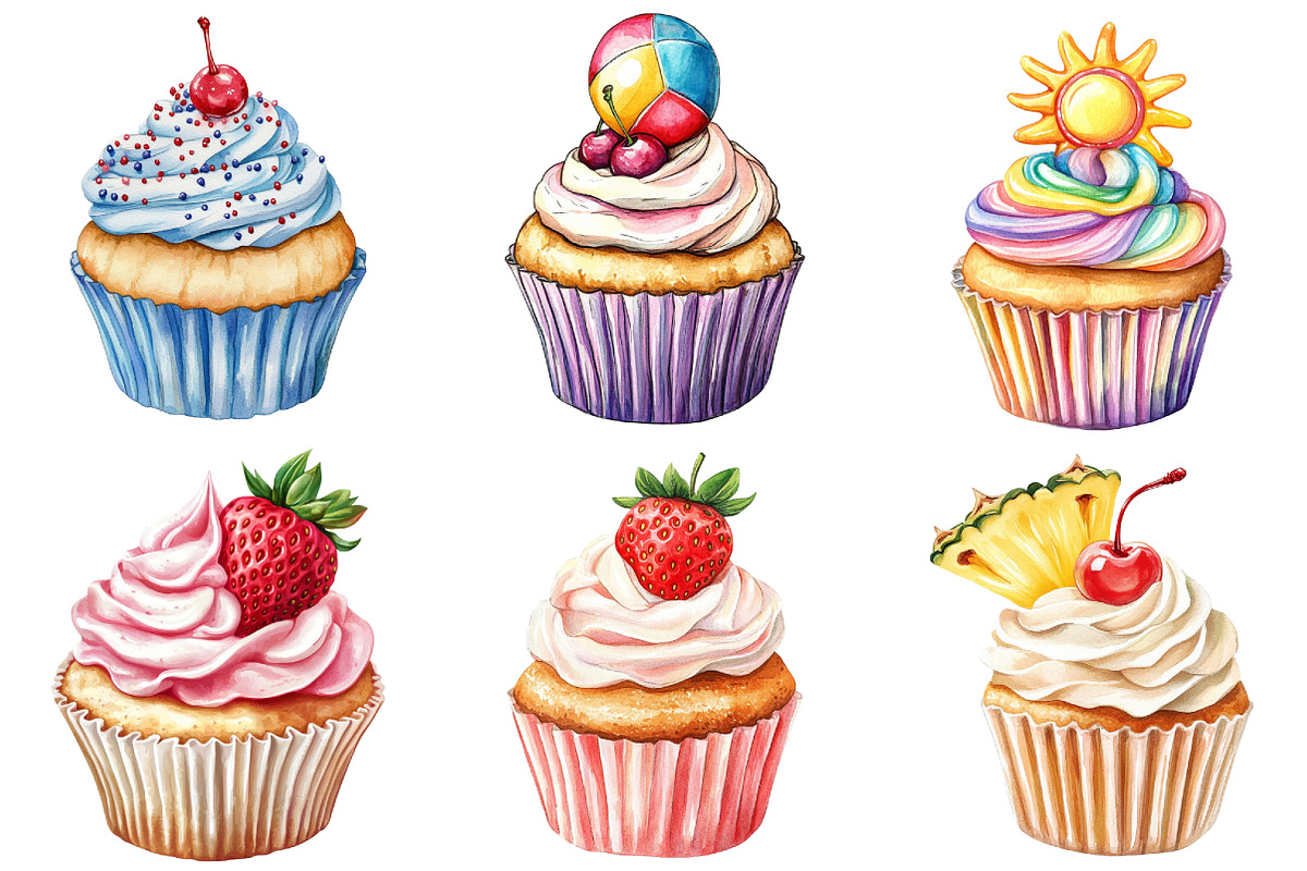 Watercolor Summer Cupcake Clipart, an Illustration by Craft Nest (Photo 4 of 6)
