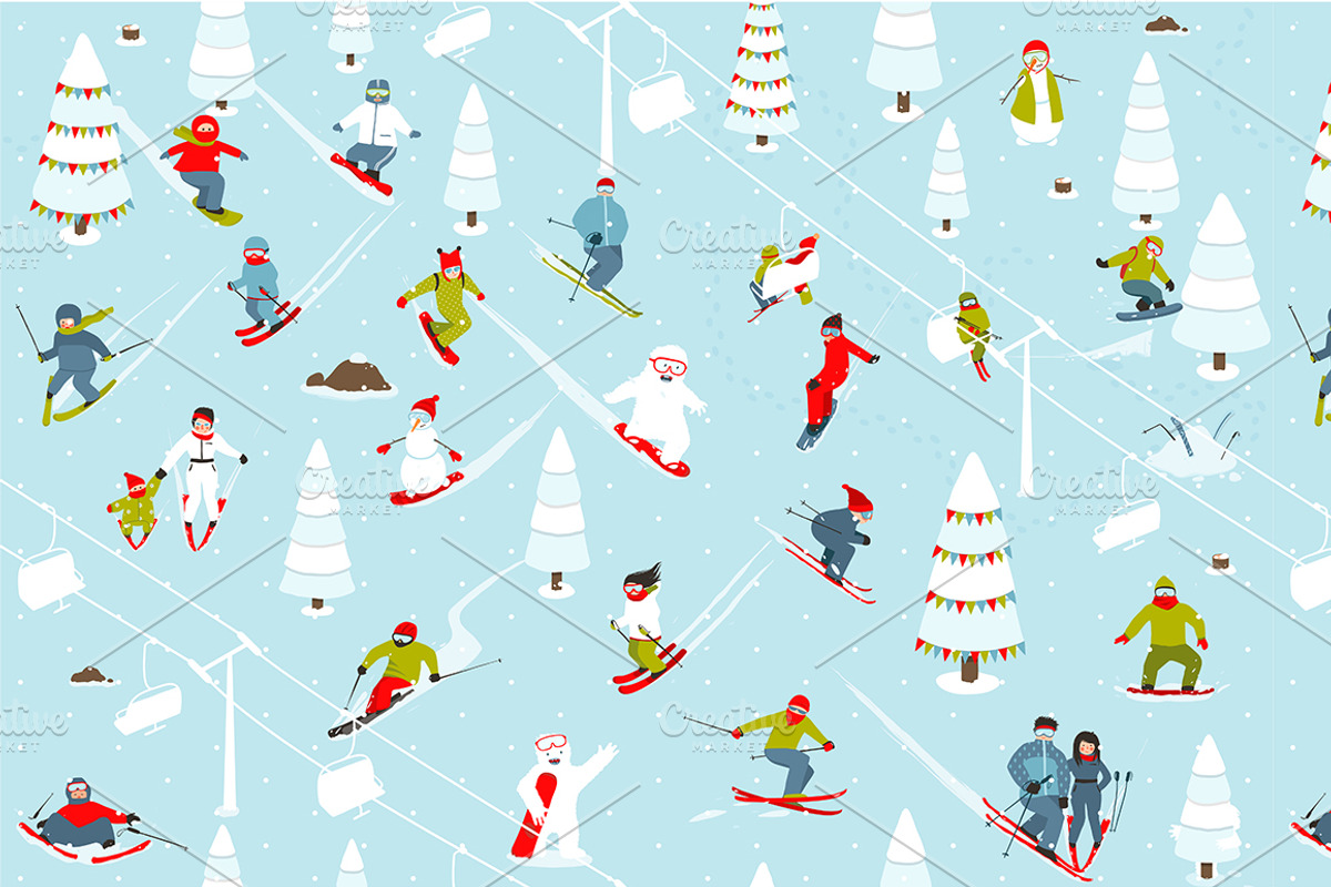 Mountain Ski Resort Seamless Pattern