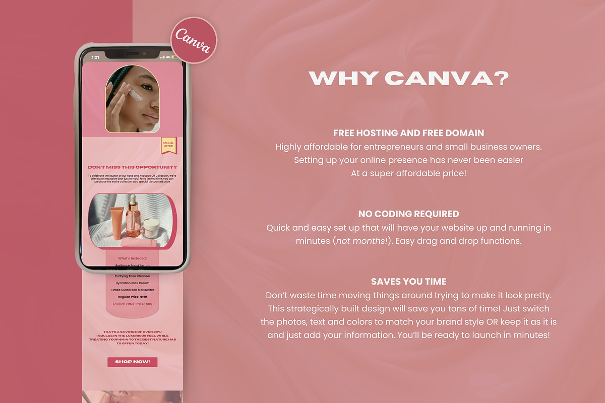 Canva Cosmetic Brand Sales Page, a Landing Page Template by Unalome Design Studio (Photo 5 of 6)