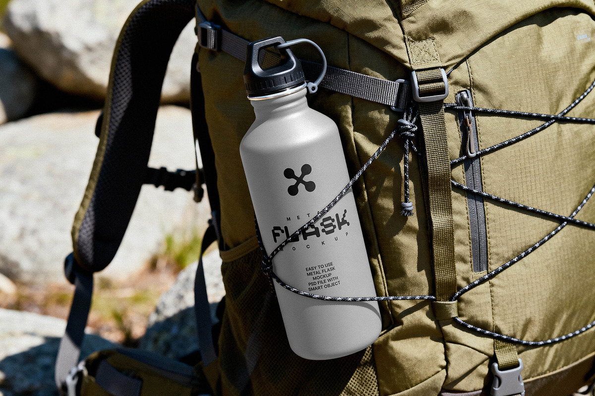 Flask Mockup on Hiking Backpack, a Product Mockup by Design Squad (Photo 2 of 4)