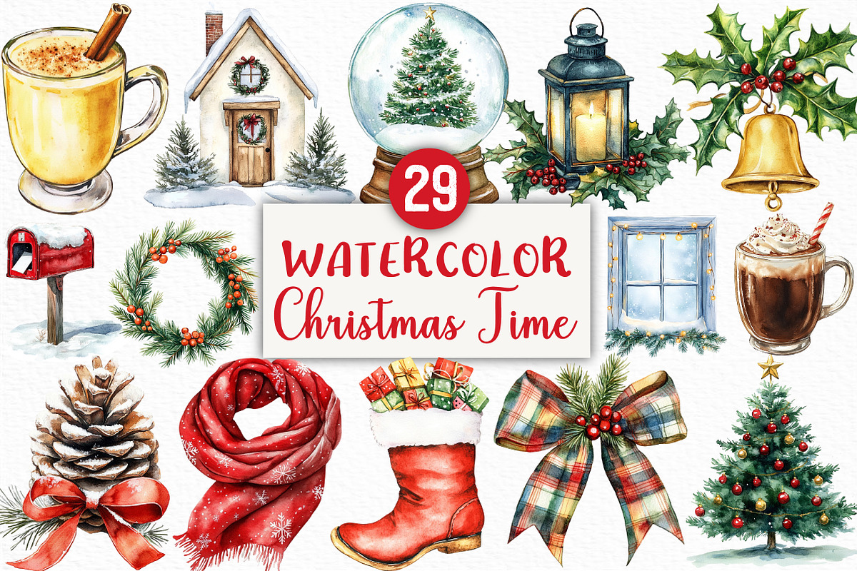 Watercolor Christmas Time Clipart, an Illustration by Craft Nest (Photo 1 of 6)