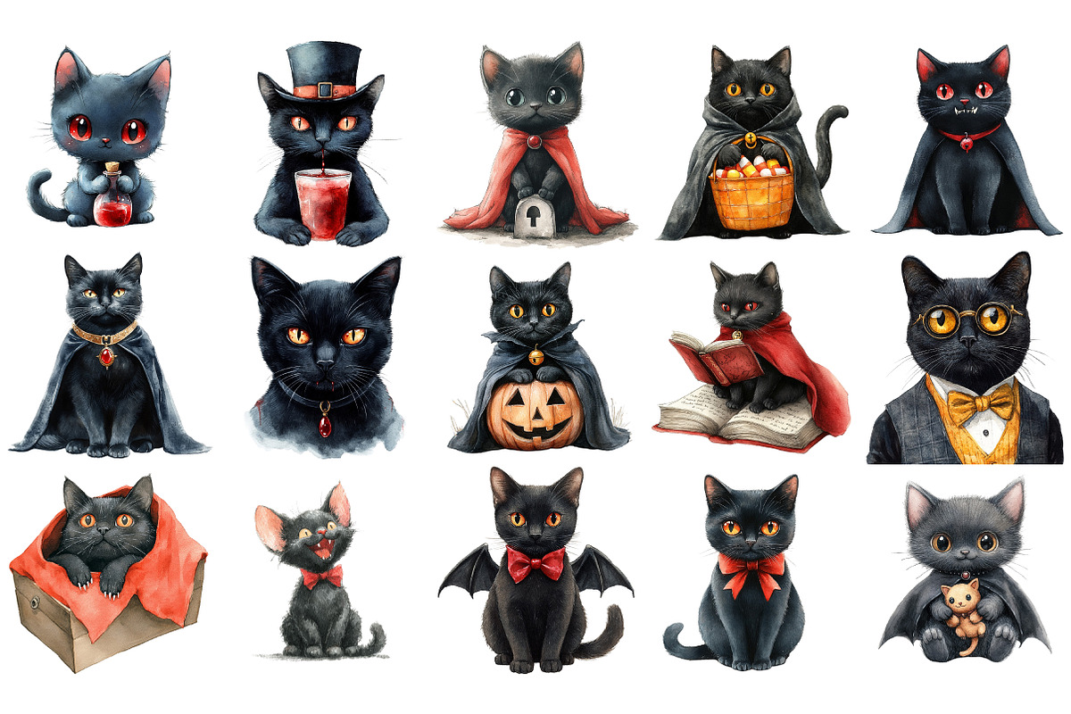 Halloween Vampire Black Cat Clipart, an Illustration by Craft Nest (Photo 2 of 4)