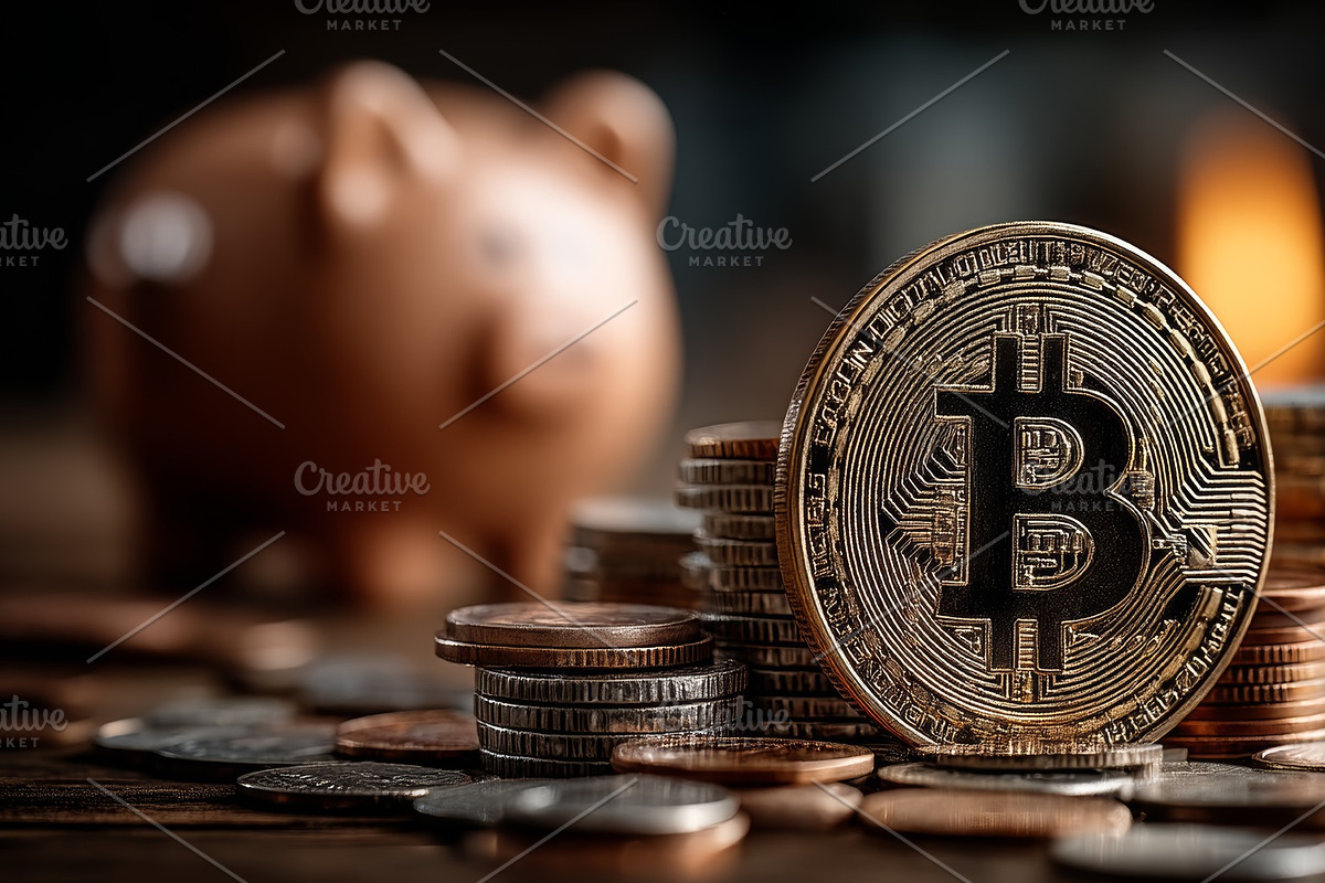 Bitcoin and stacks of coins representing cryptocurrency and financial investmen, an Illustration by AS photostudio