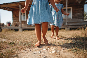 Two children walking barefoot in casual blue dresses on a sunny day at a rural, a Photo by AlyaAnd