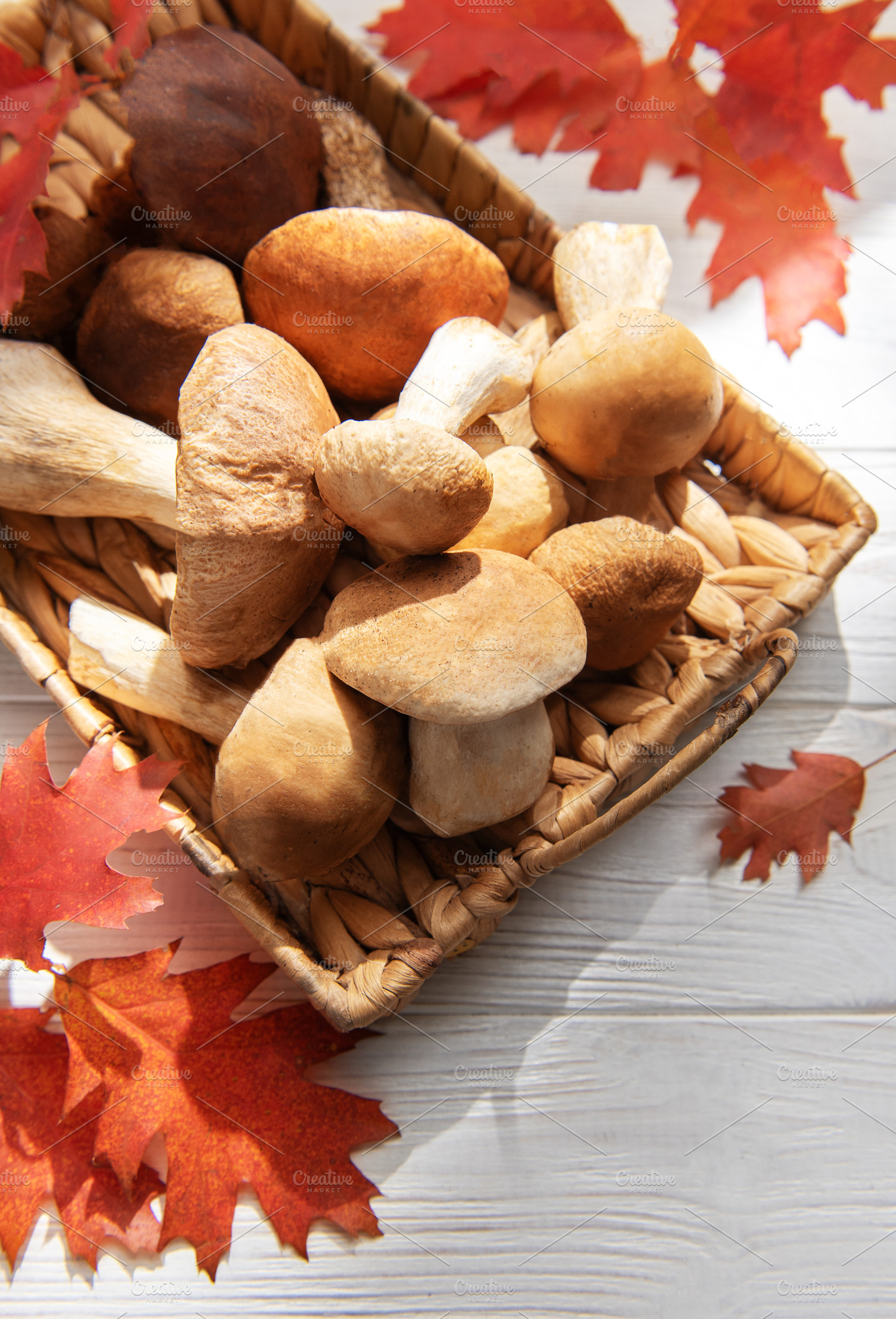 Porcini mushrooms in basket with autumn leaves on wood, a Food & Drink Photo by Olena Rudo