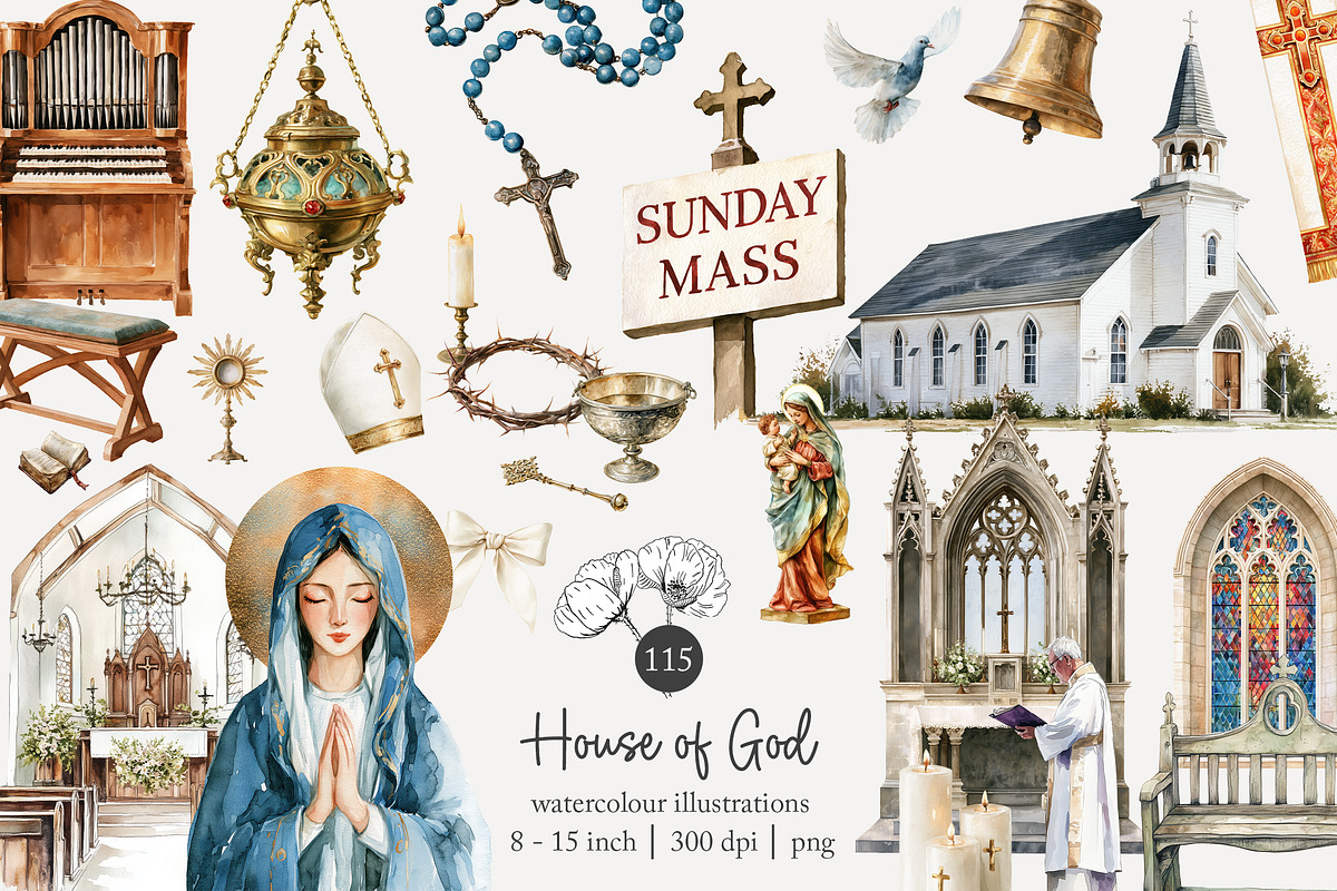 115 watercolour church clip art, an Object Illustration by Poppy Lane Studio (Photo 1 of 11)