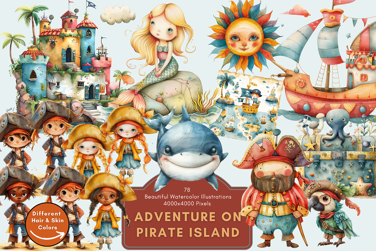 Watercolor Pirate Adventure Clipart, an Illustration by NadiaTheronArt (Photo 1 of 6)