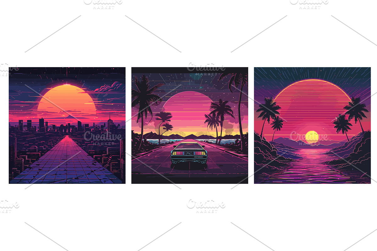 Synthwave posters. Retro futuristic, an Illustration by Stock-Smart-Start