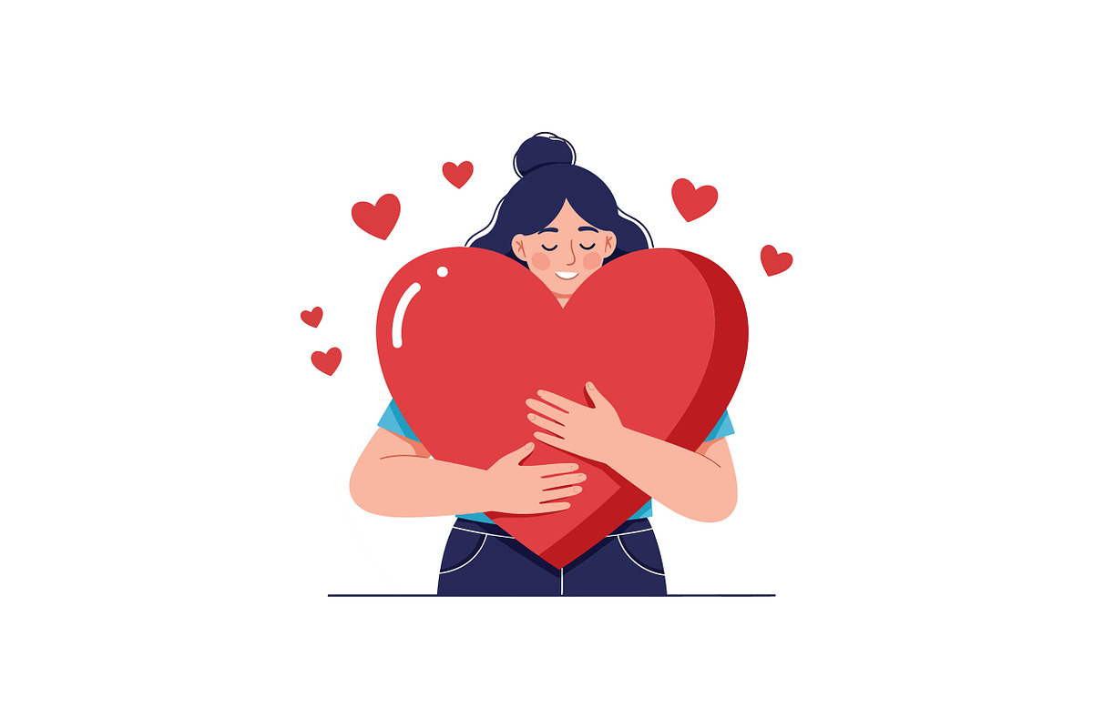 A woman joyfully embracing a large r, an Illustration by designvectx