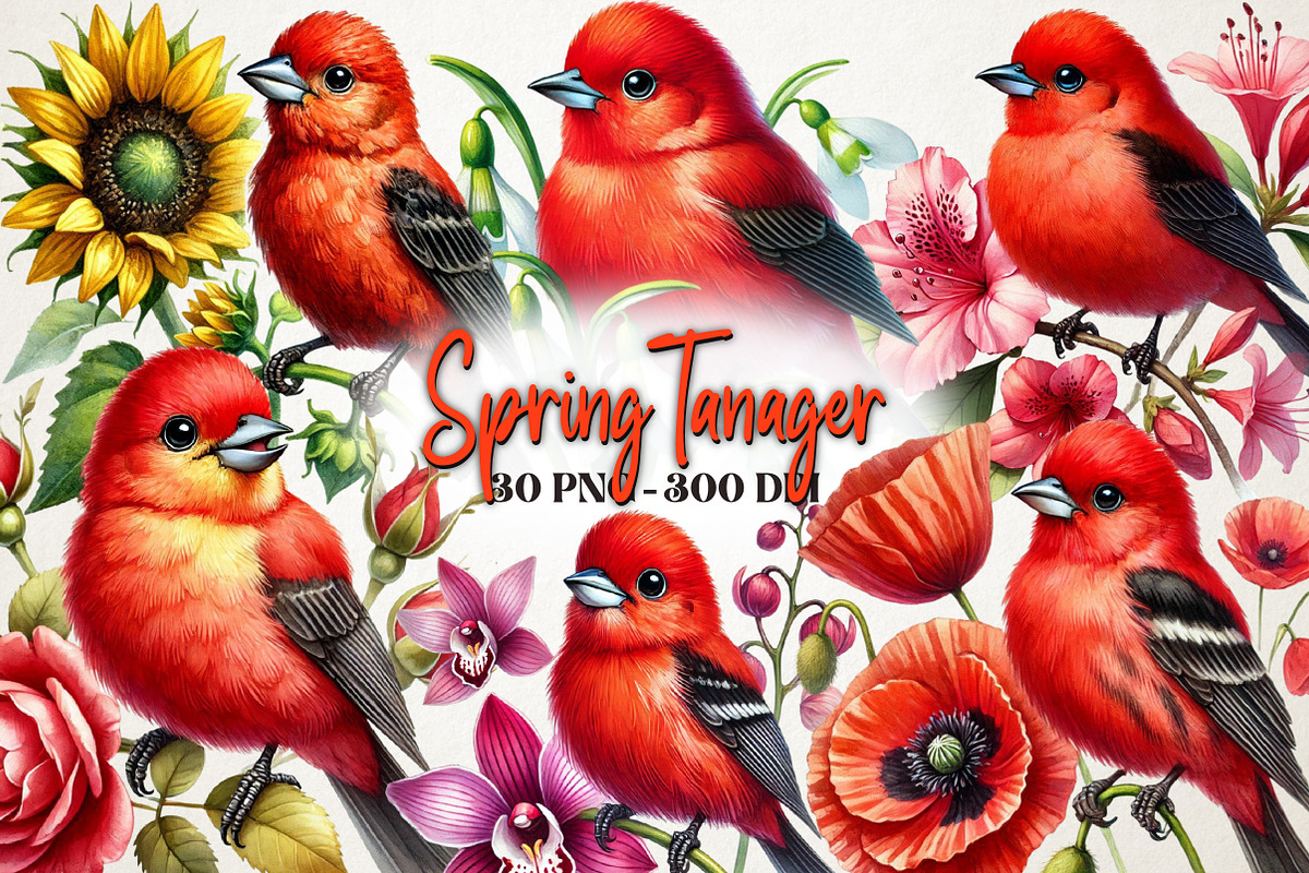 Spring Scarlet Tanager Bird Clipart, a Work Illustration by OK Design (Photo 1 of 4)
