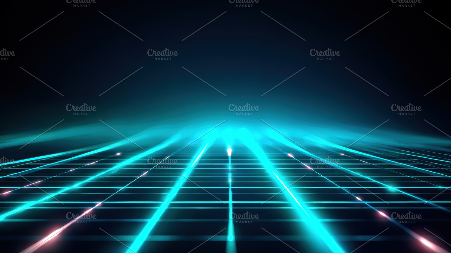 Futuristic digital landscape with glowing blue beams, an Abstract Photo by AlyaAnd