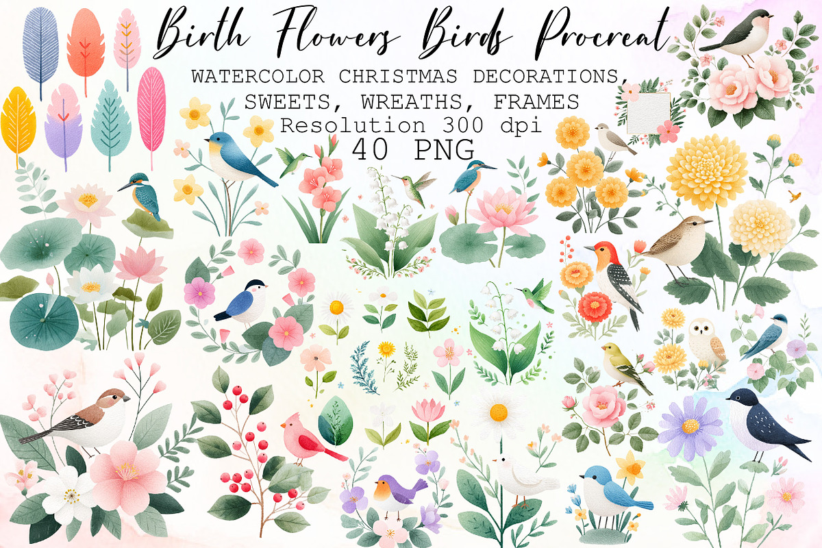 Birth Month Flowers & Birds Procreat, an Illustration by Sublimation Artist (Photo 1 of 6)