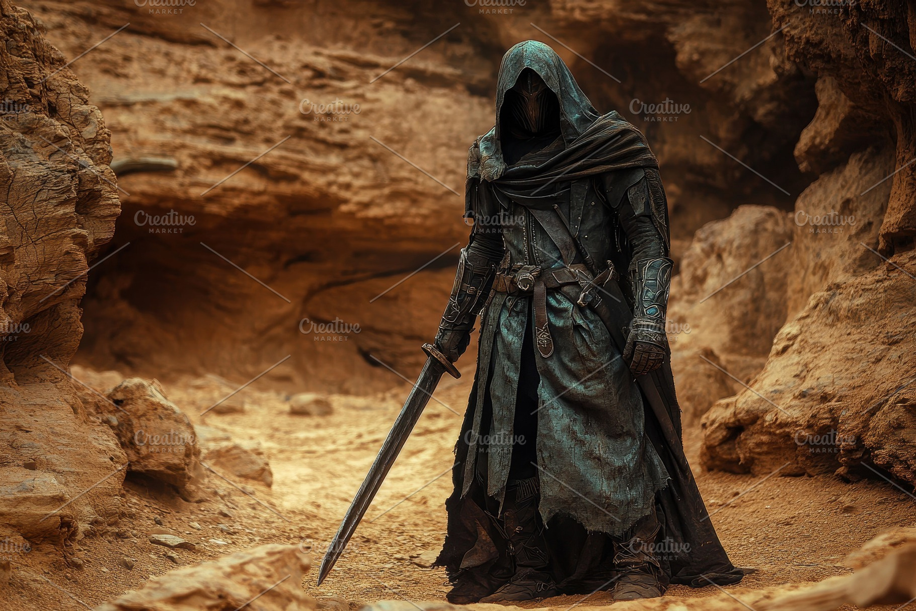 Desert warrior stands resolute in a, a Photo by Pavel_design