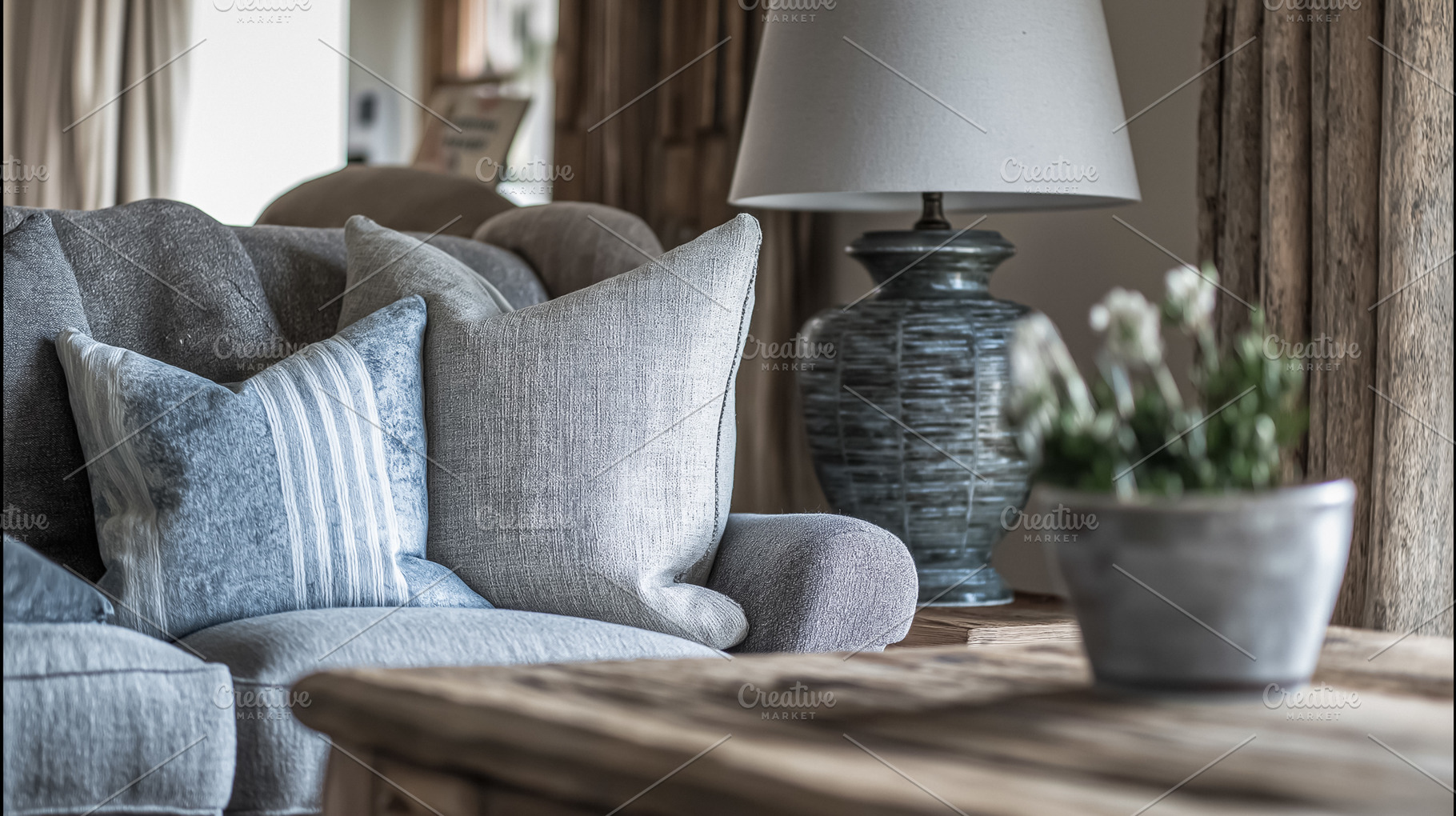 Cozy living room interior with cushions and lamp, creating a comfortable and re, an Architecture Photo by Studio ANNA