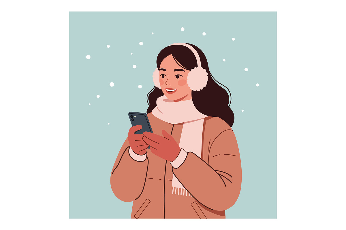 Young woman smiling while using smar, an Illustration by designvectx