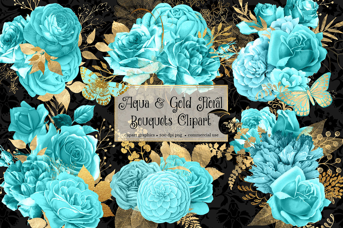 Aqua and Gold Floral Clipart, an Illustration by Digital Curio