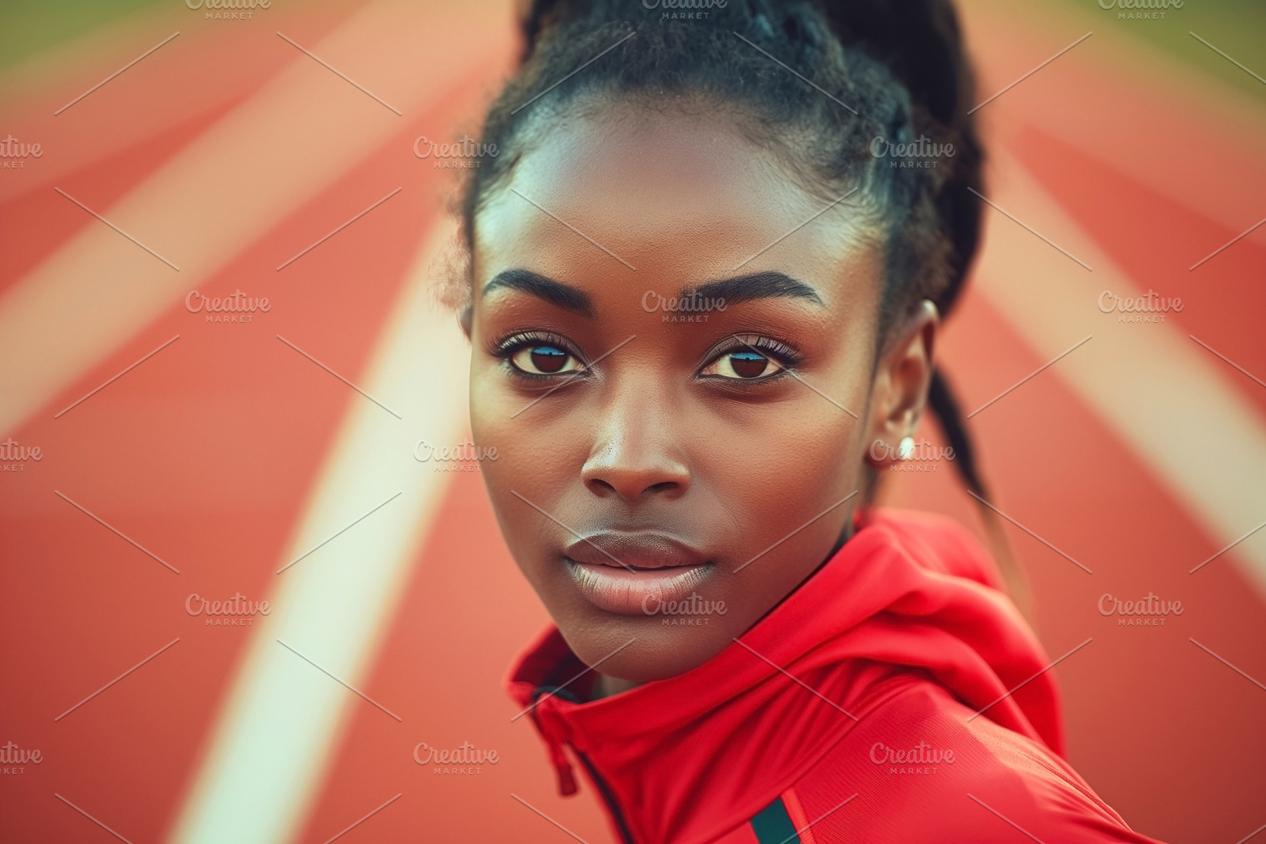 Determined female athlete with dark skin and long hair, wearing, a Sports & Recreation Photo by ImageMir