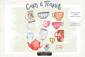 Watercolor Cups Mugs & Teapot
