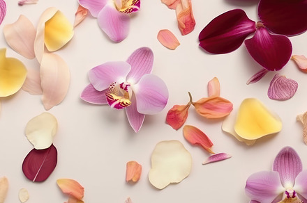 Beautiful orchid petals on a colorful background. Spring concept. Generative AI, a Photo by José Manuel Gelpi