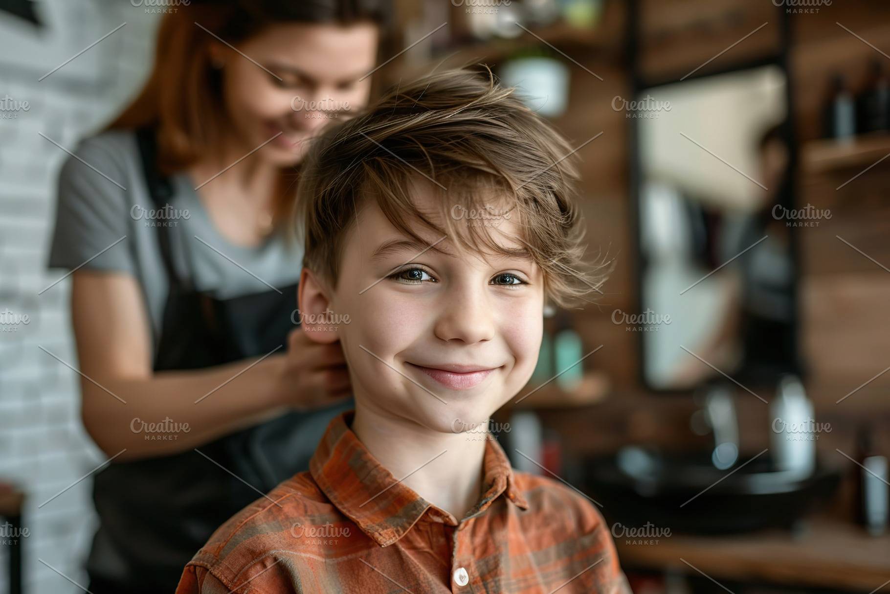 Hairdresser making hairstyle for young boy in beauty hair salon, a Photo by AlyaAnd