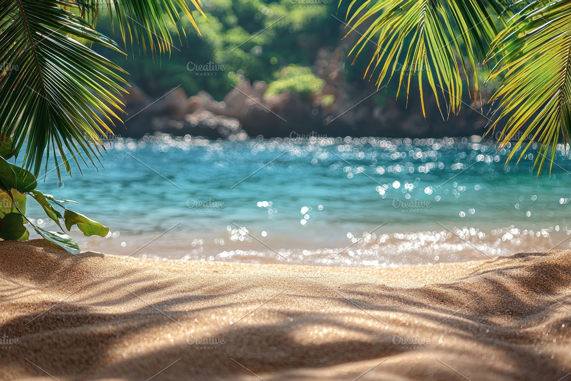 Golden sandy beach with palm leaf shadows and sparkling turquois, a Person Photo by José Manuel Gelpi