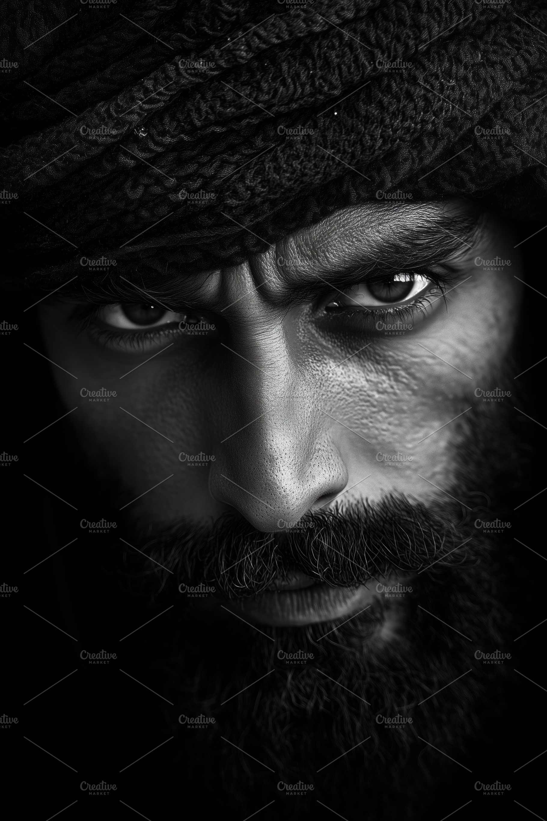 A close-up portrait of a arabic man with intense eyes and a thick beard, wearin, a Person Photo by Textures & Backgrounds