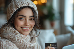 A young woman with dark hair smiles warmly while holding a credit card, dressed, a Person Photo by ImageMir
