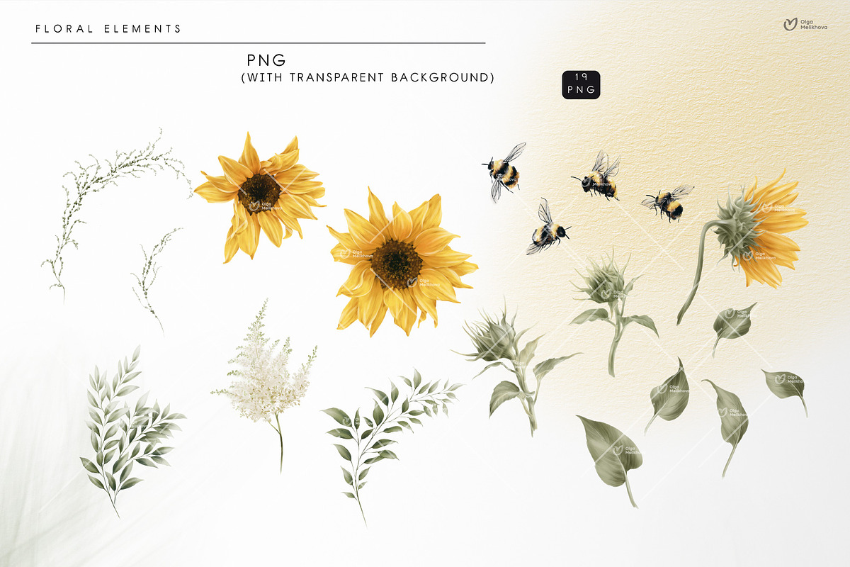 Sunny sunflowers, watercolor flowers, a Texture Illustration by ollalya (Photo 13 of 16)