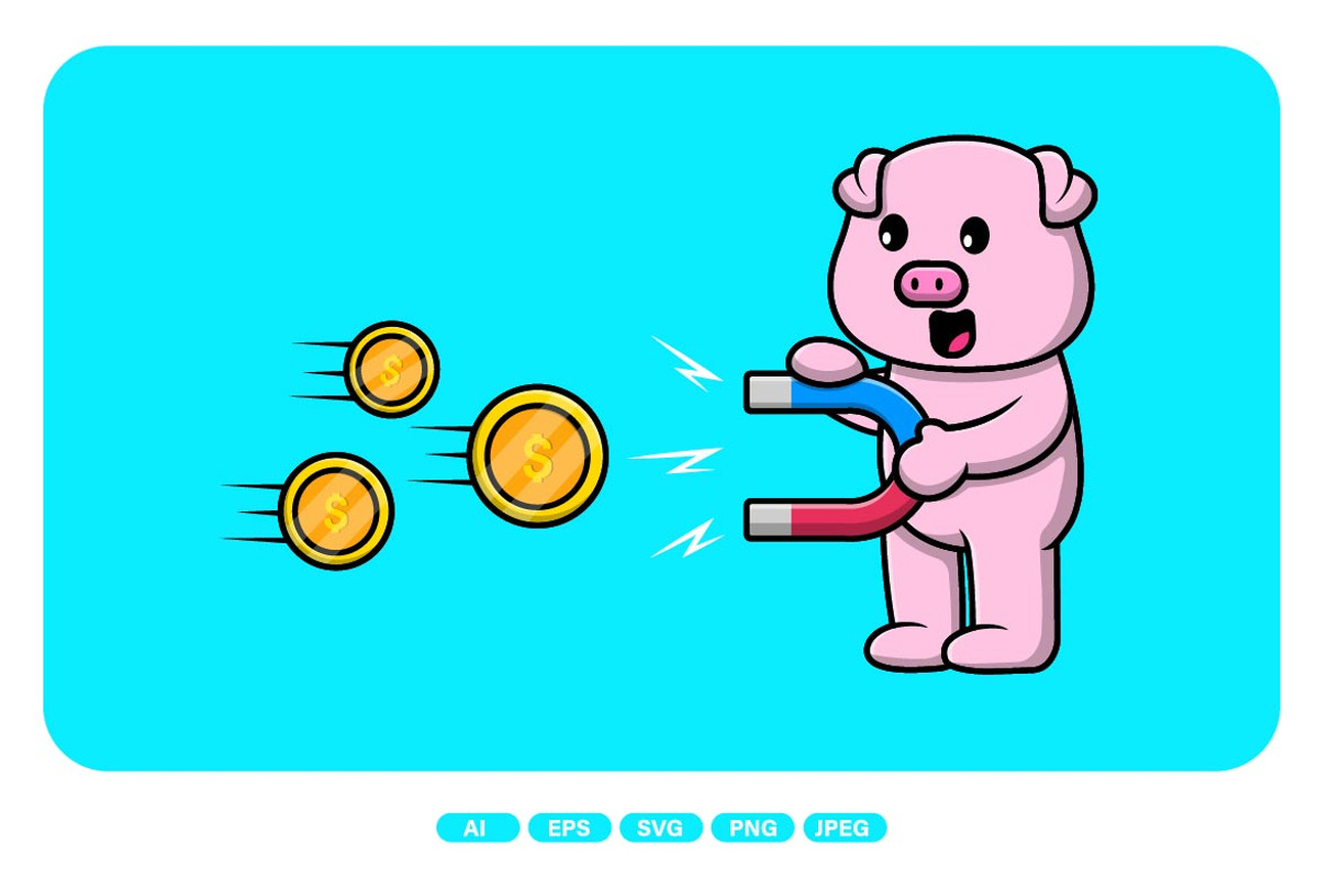 Cute Pig Pull Gold Coin With Magnet, an Animal Illustration by Artstorystudio (Photo 1 of 3)