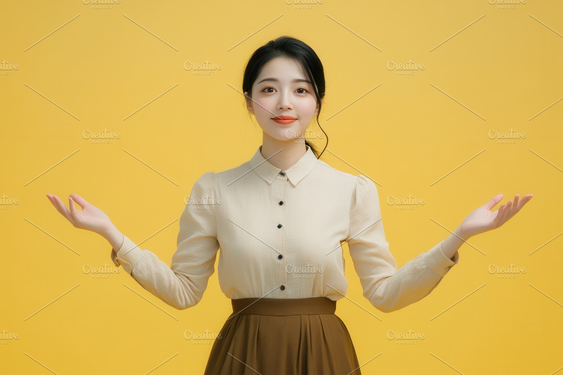 Woman in beige blouse and skirt, a Photo by Pavel_design