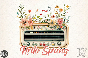 Hello Spring Radio with Flower PNG, an Illustration by Libby Wishes