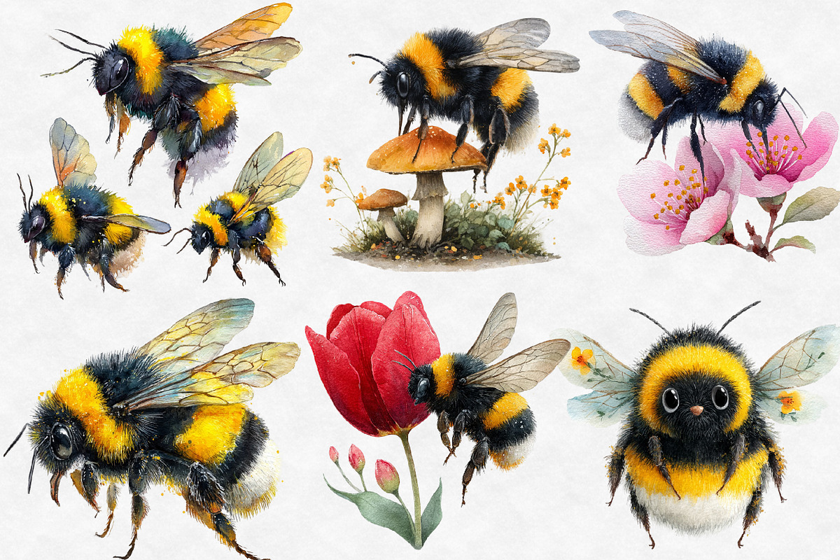 Watercolor Spring Bees Clipart, an Illustration by Designworld (Photo 3 of 6)