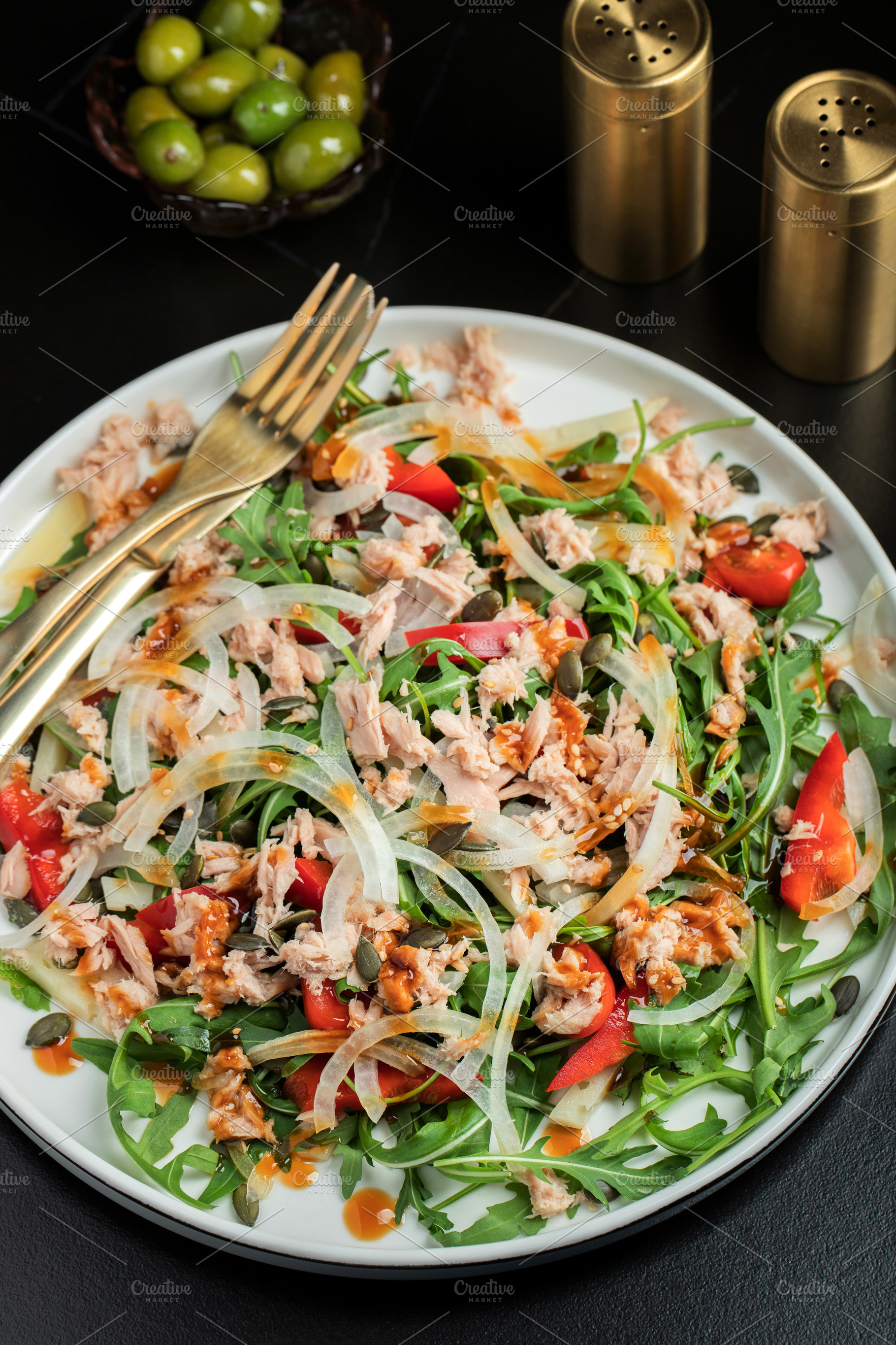Fresh Tuna Salad with Onions and Cherry Tomatoes. Italian Mediterranean Cuisine, a Food & Drink Photo by Budarinphoto
