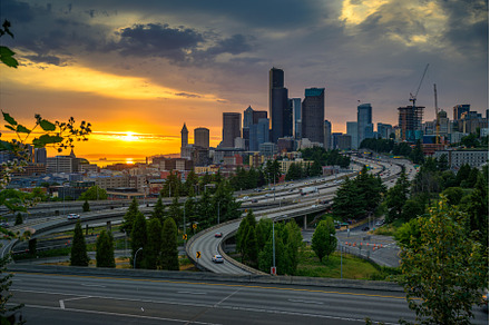 Dramatic sunset over Seattle, an Architecture Photo by Nick Fox