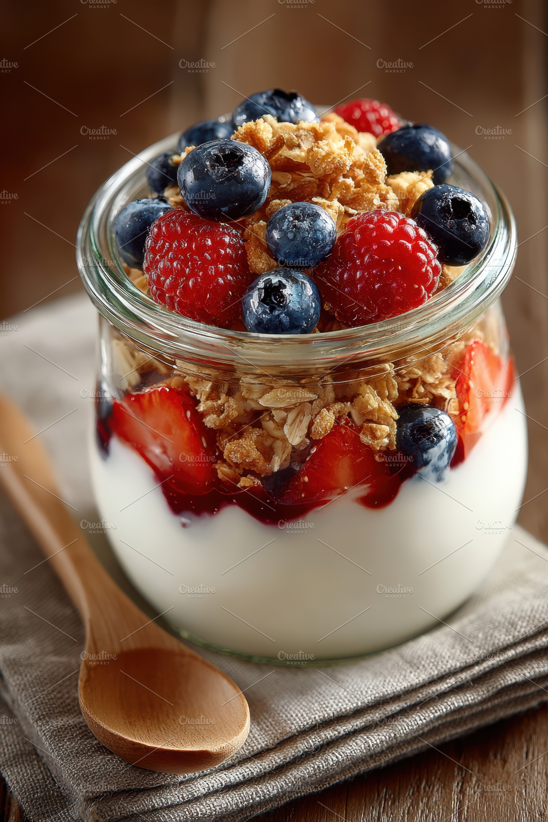 Layered yogurt parfait with berries and granola, a Food & Drink Photo by AlyaAnd