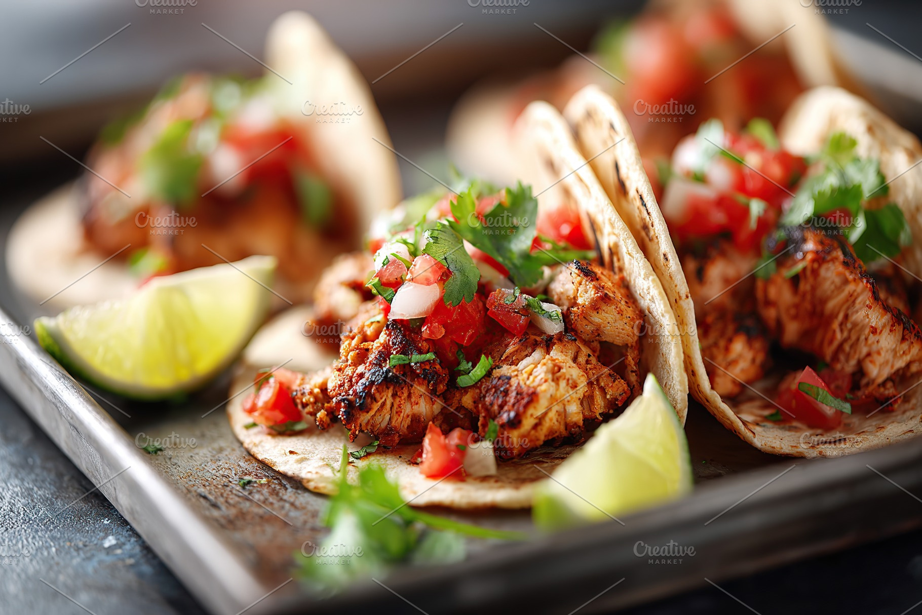Grilled chicken tacos with fresh salsa and lime wedges on a serving platter, a Food & Drink Photo by AlyaAnd