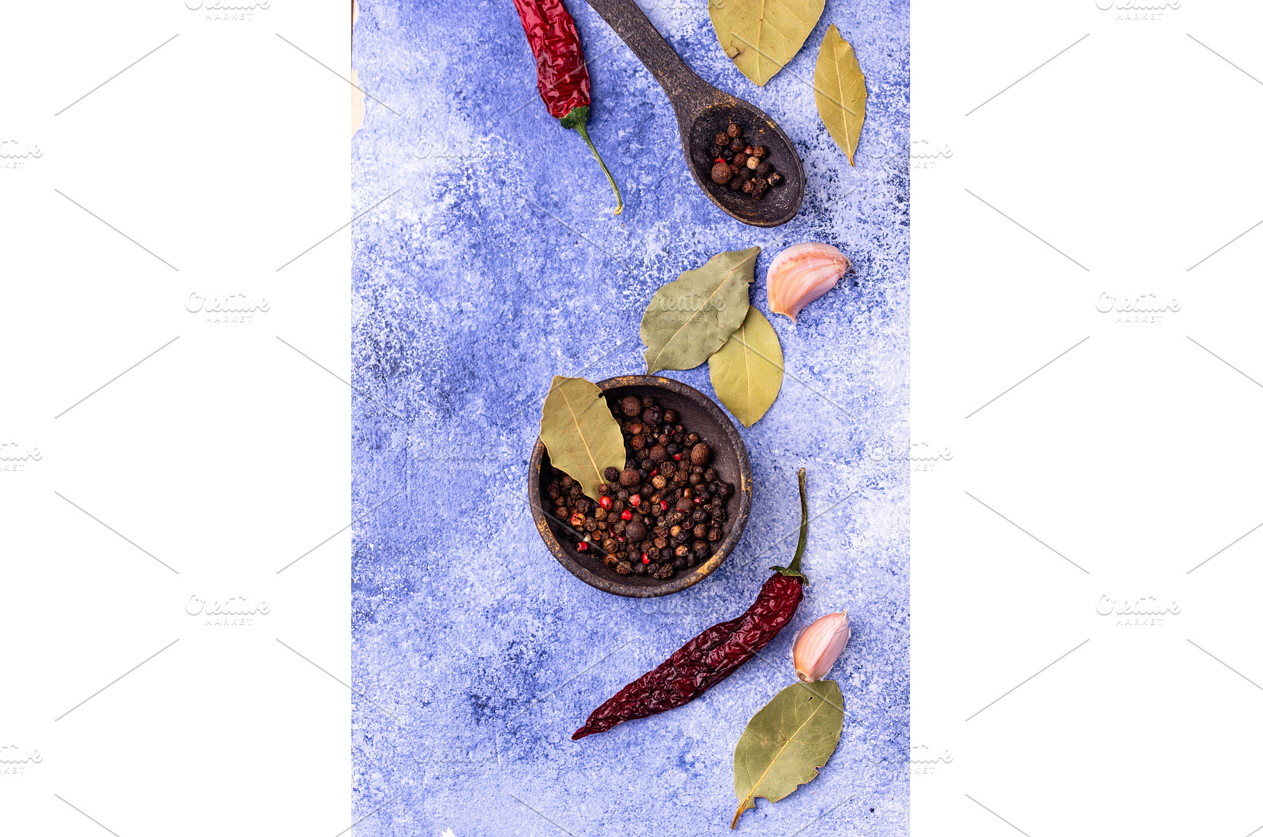 Culinary background with pepper, bay, a Food & Drink Photo by Yulia Furman