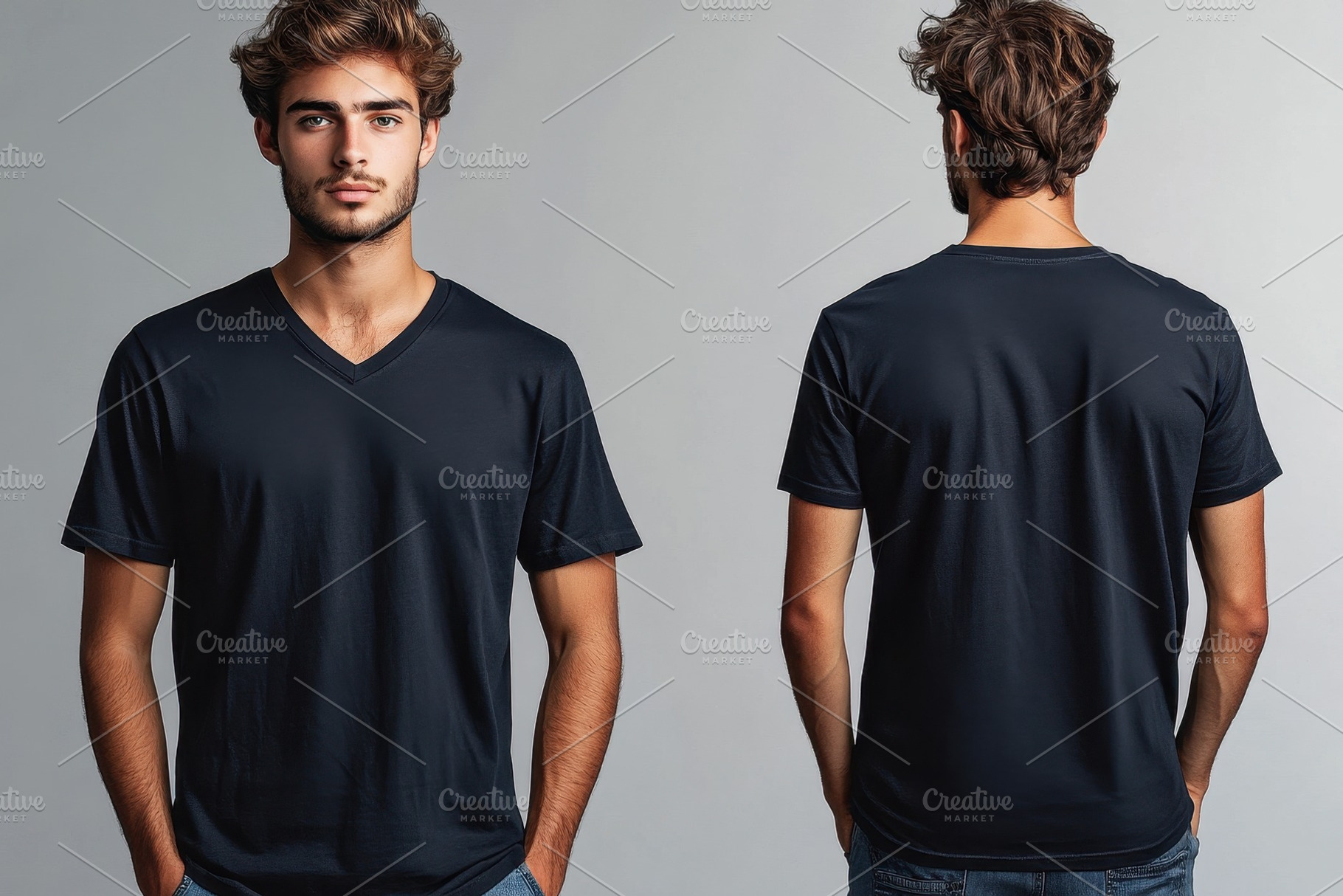Stylish young man wearing a black V-, a Photo by Tanuart